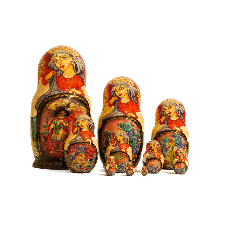 Russian Matryoshka Nesting Doll : Set of 10, Painted with Folk Tale Scenes