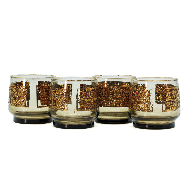 Mid Century Modern Libbey Brown & Gold Drinking Glasses with Serving Tray