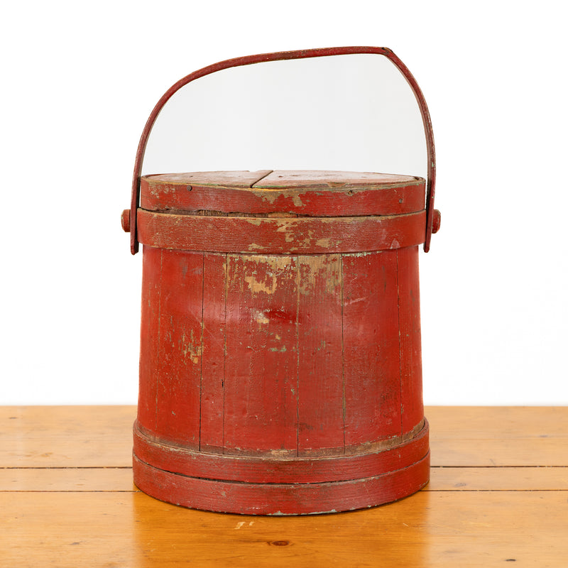 Red Painted Wood Firkin with Lid