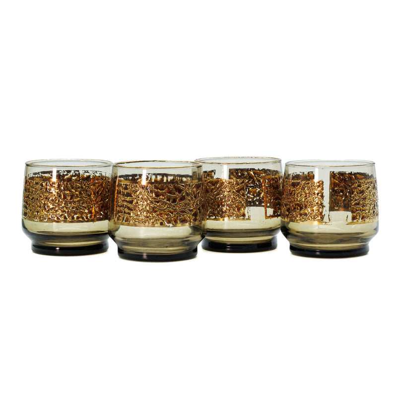 Mid Century Modern Libbey Brown & Gold Drinking Glasses with Serving Tray