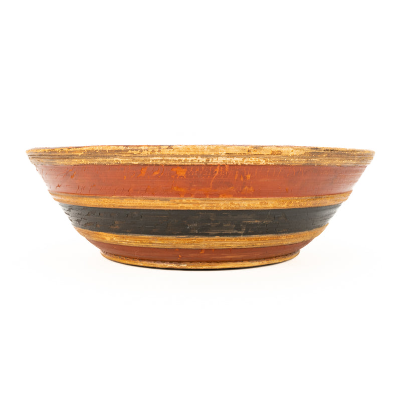 Antique Turned Wood Bowl with Original Red & Blue Paint