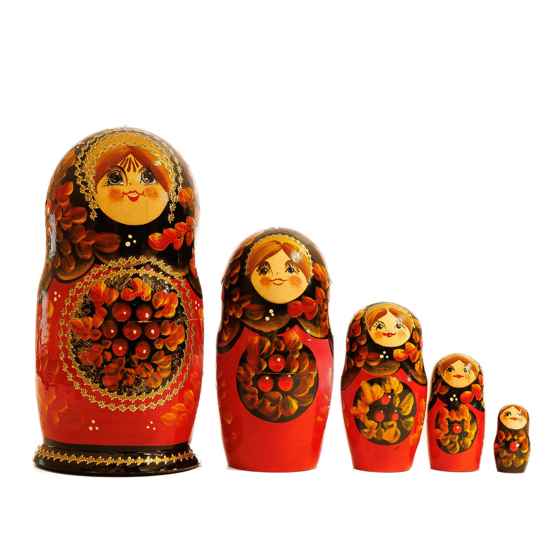 Set of 5 Russian Matryoshka Nesting Dolls : Gold & Red