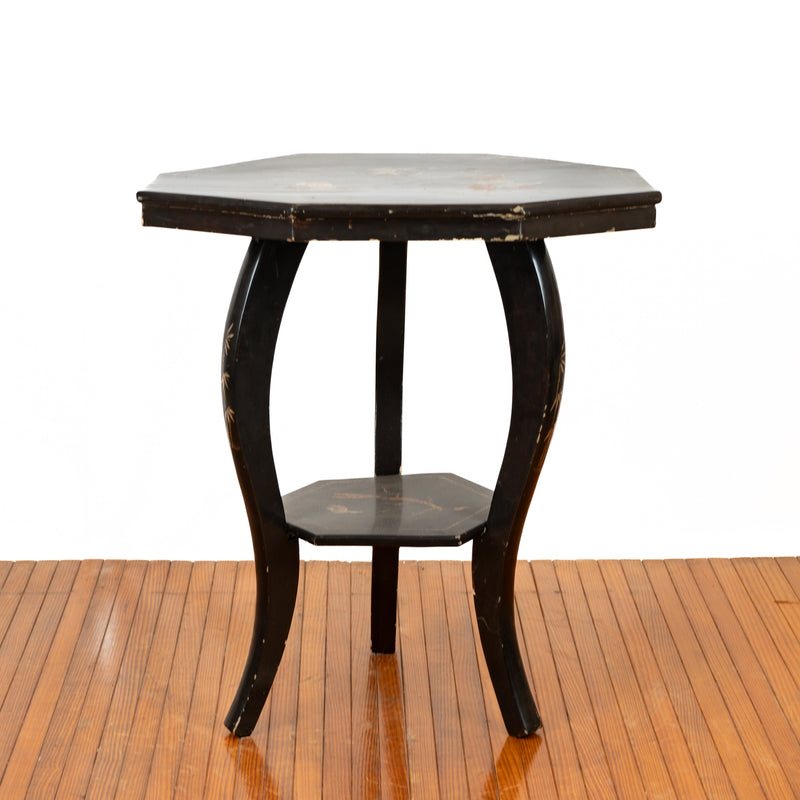Black Lacquered Knock Down Table with Mixed Metal Inlaid Horseback Warriors
