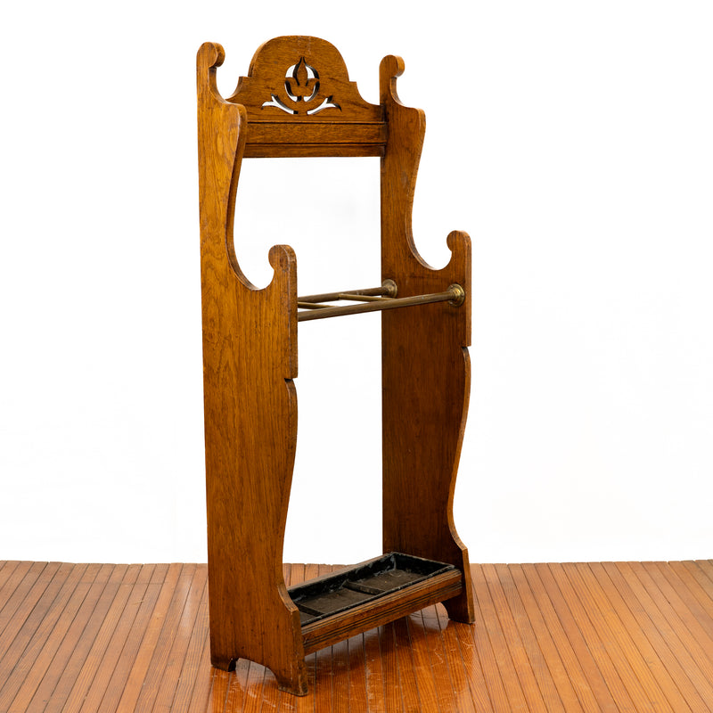 Arts & Crafts Oak Cane Stand with Brass Rails