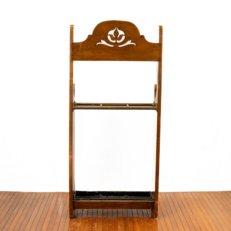 Arts & Crafts Oak Cane Stand with Brass Rails