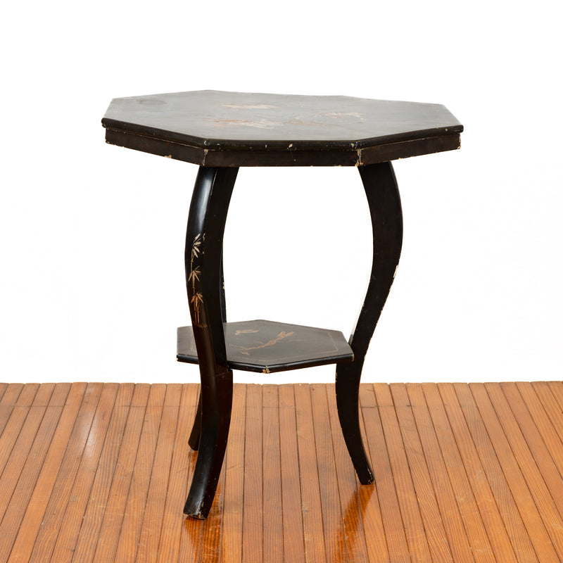 Black Lacquered Knock Down Table with Mixed Metal Inlaid Horseback Warriors