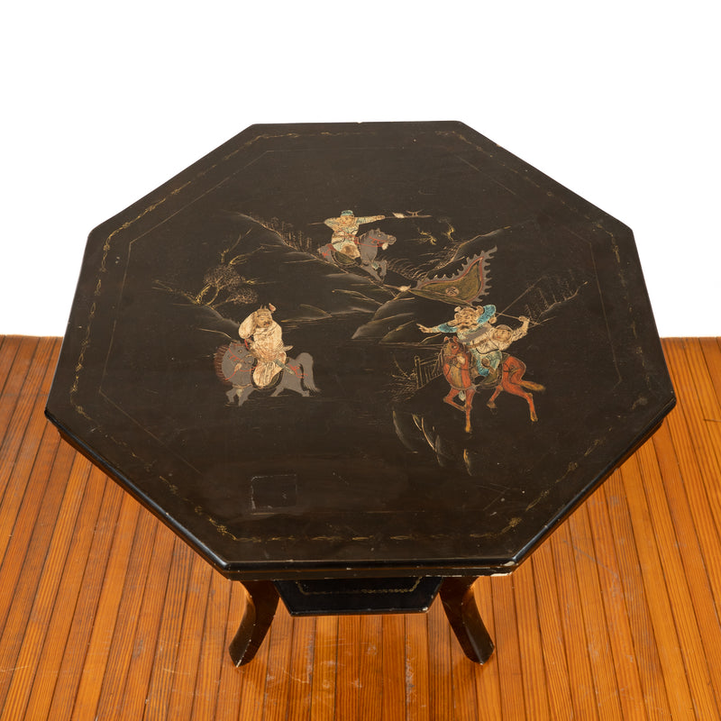 Black Lacquered Knock Down Table with Mixed Metal Inlaid Horseback Warriors