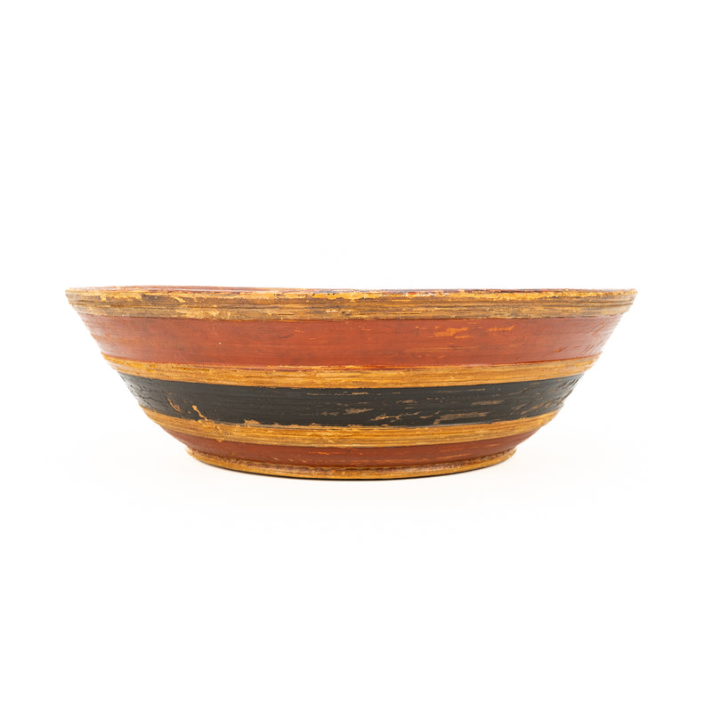 Antique Turned Wood Bowl with Original Red & Blue Paint