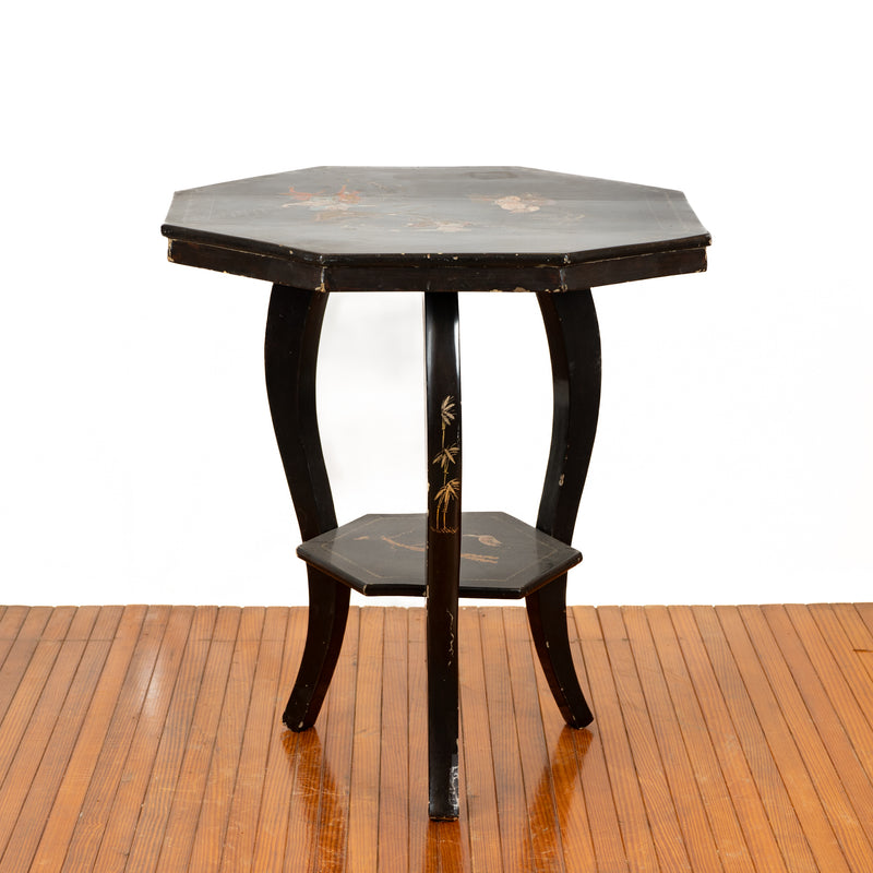 Black Lacquered Knock Down Table with Mixed Metal Inlaid Horseback Warriors