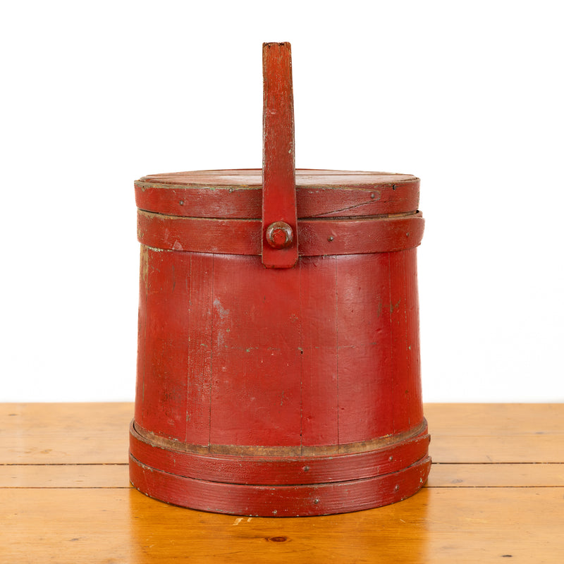 Red Painted Wood Firkin with Lid