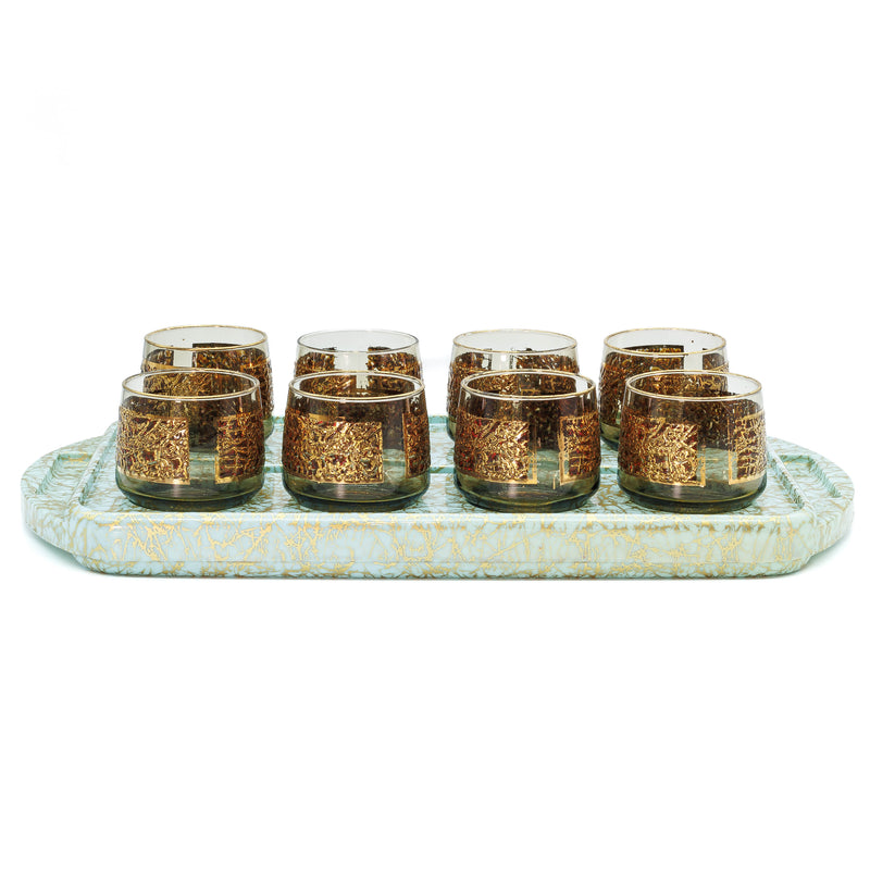 Mid Century Modern Libbey Brown & Gold Drinking Glasses with Serving Tray