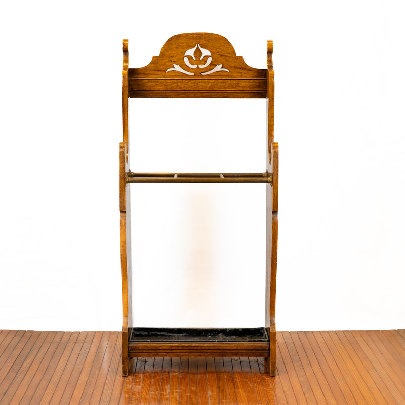 Arts & Crafts Oak Cane Stand with Brass Rails