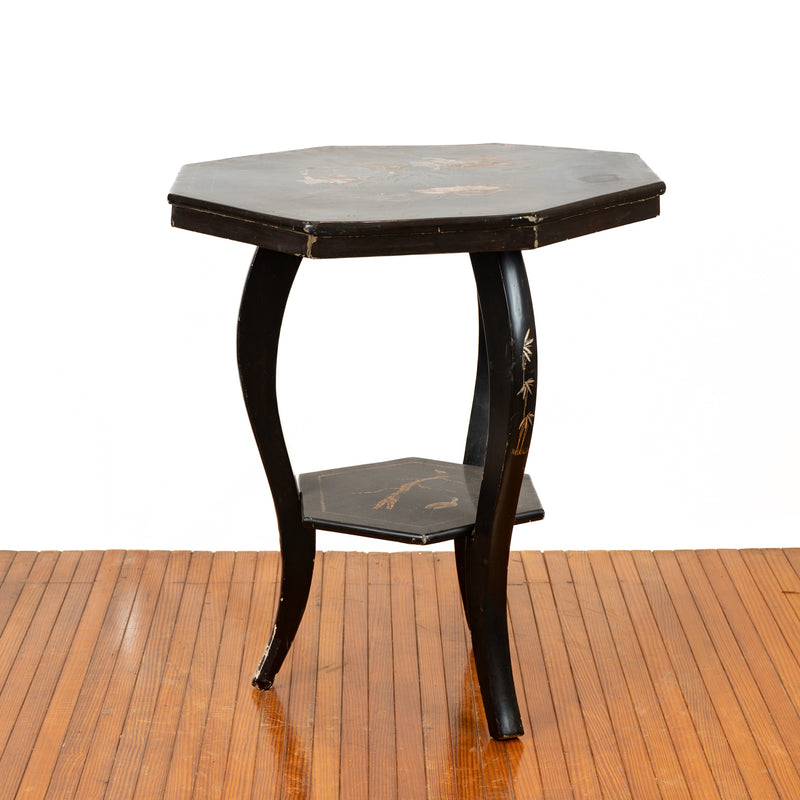 Black Lacquered Knock Down Table with Mixed Metal Inlaid Horseback Warriors