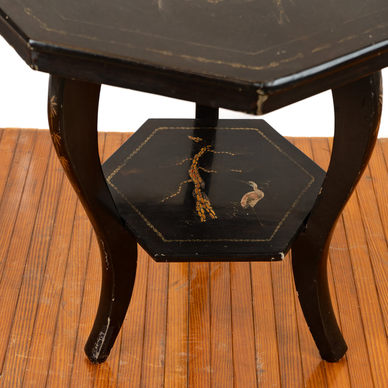 Black Lacquered Knock Down Table with Mixed Metal Inlaid Horseback Warriors