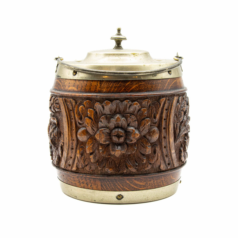 English Heavily Carved Biscuit Barrel Oak