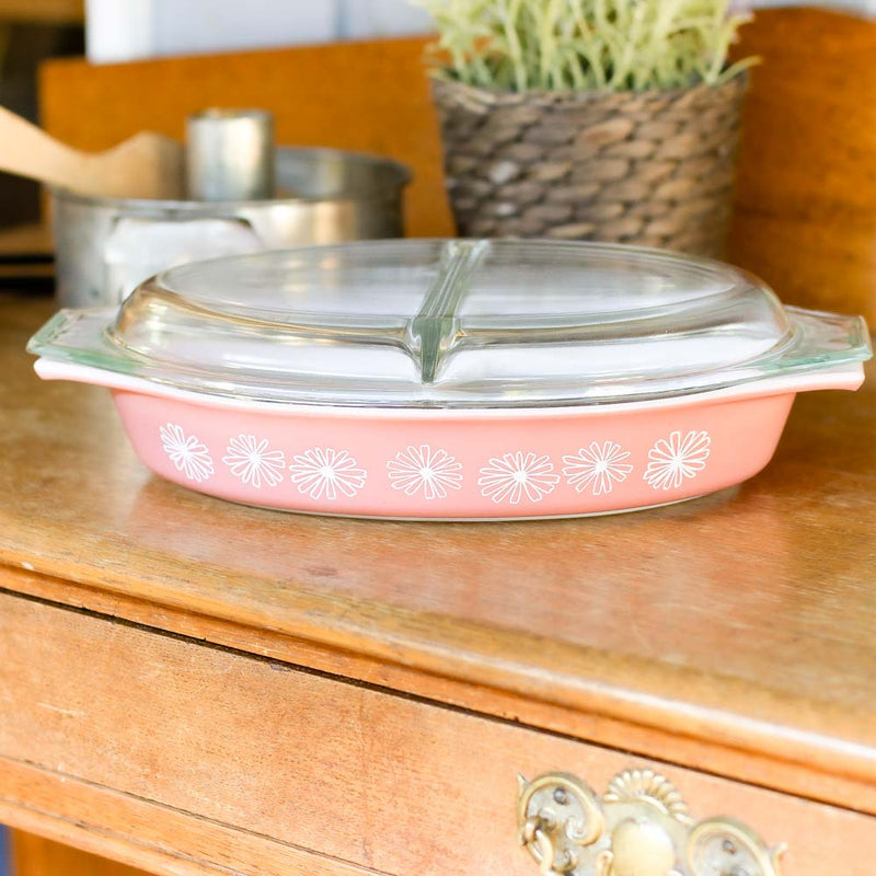 Pyrex Pink Daisy Oval Divided Casserole with Lid