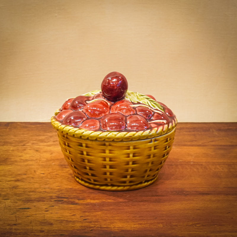 Sarreguemines France Majolica Basket of Cherries Jam Pot