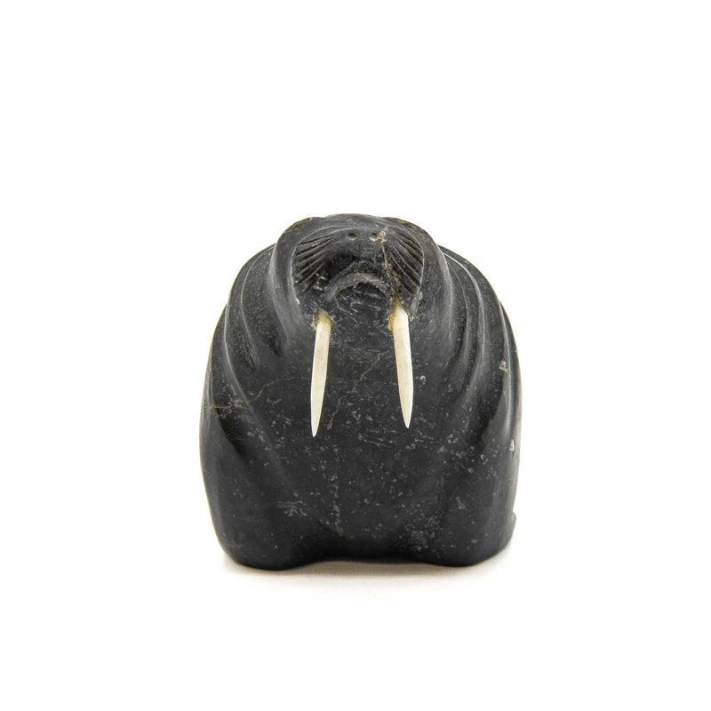 Noah Nowrakudluk (1916) Walrus with Bone Tusks: Soapstone Carving