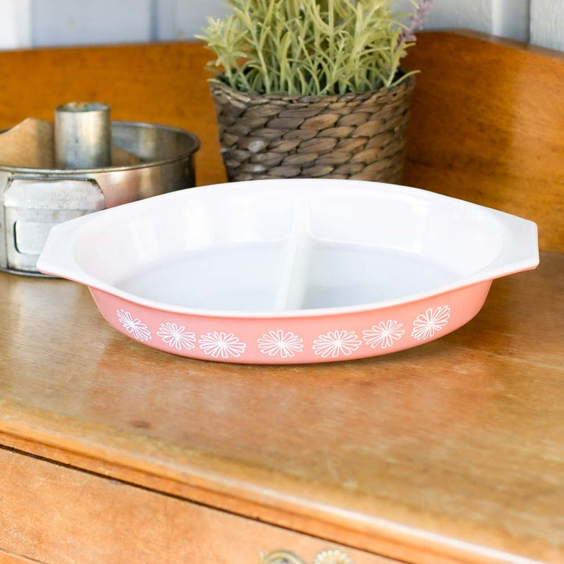 Pyrex Pink Daisy Oval Divided Casserole with Lid