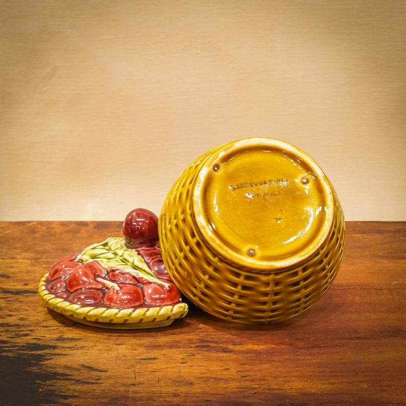 Sarreguemines France Majolica Basket of Cherries Jam Pot