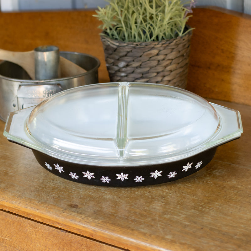 Pyrex Black Snowflake Divided Oval Casserole with Lid