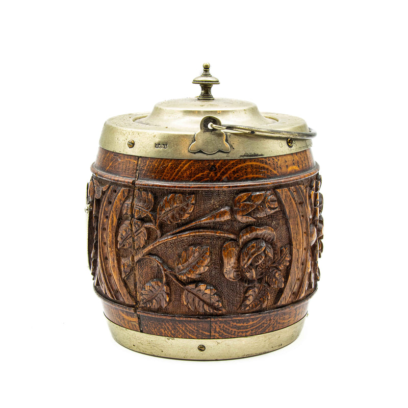 English Heavily Carved Biscuit Barrel Oak