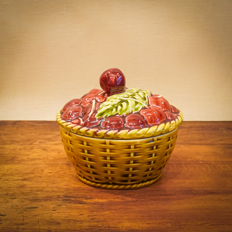 Sarreguemines France Majolica Basket of Cherries Jam Pot