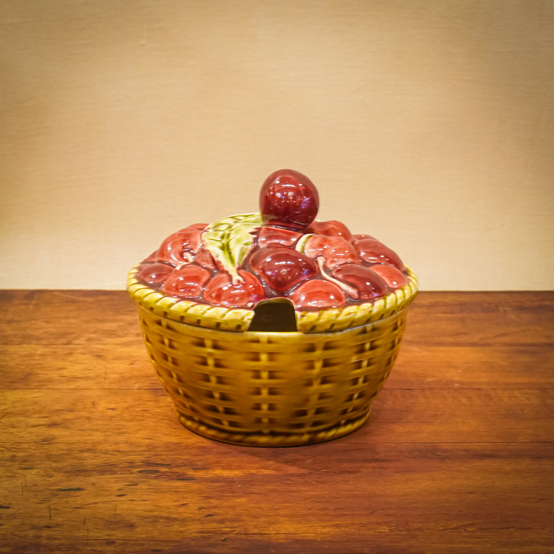 Sarreguemines France Majolica Basket of Cherries Jam Pot