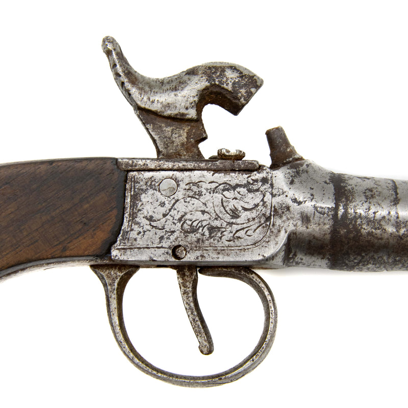 19th C. Percussion Pocket Pistol with Wood Stock & Floral Engraving