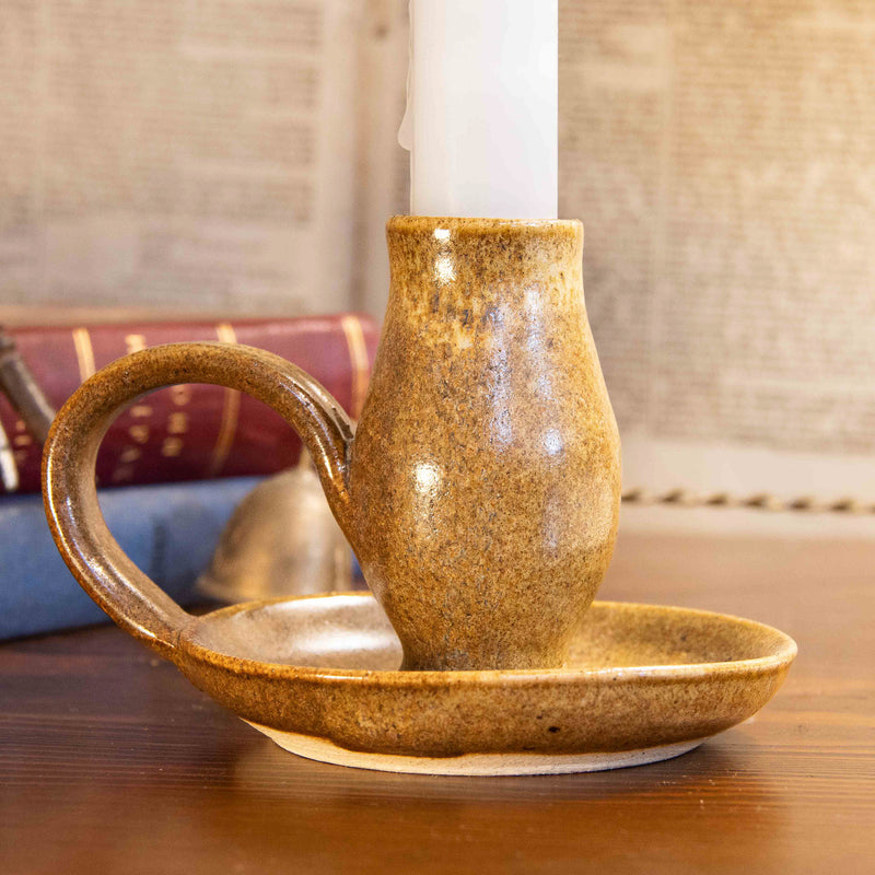 Rotund Brown Ceramic Candle Stick with Finger Loop