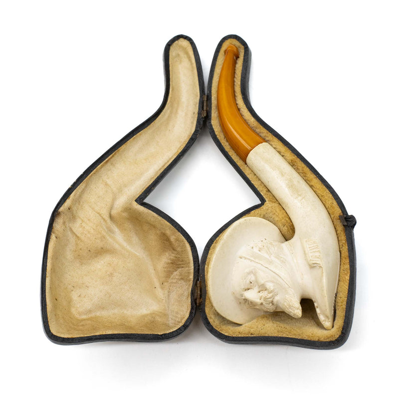 Figural Meerschaum Spanish Conquistador Pipe with Amber Stem & Case