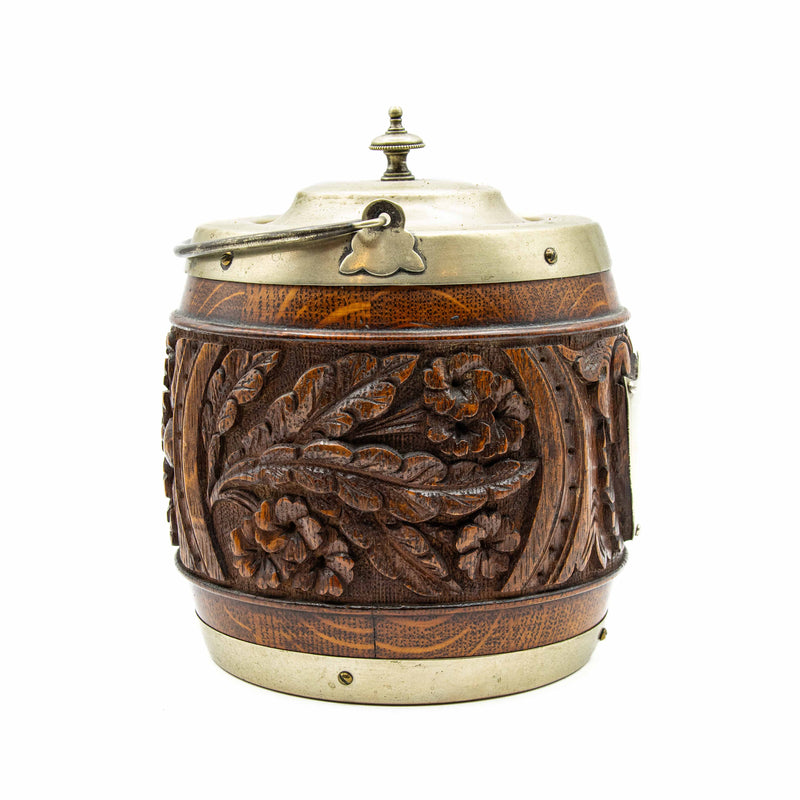 English Heavily Carved Biscuit Barrel Oak