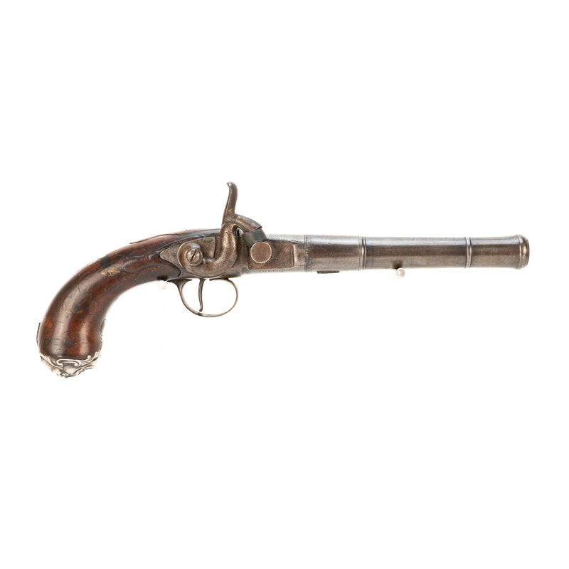 Early 18th Century Silver Mounted Benjamin Brooke Queen Anne Pistol with Case