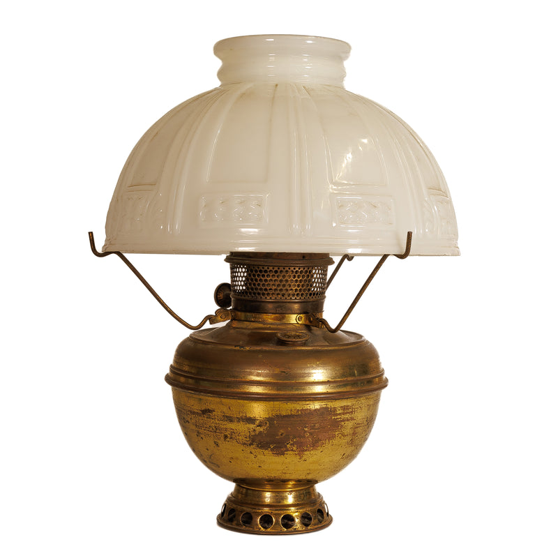 Brass Oil Lamp with Milk Glass Shade