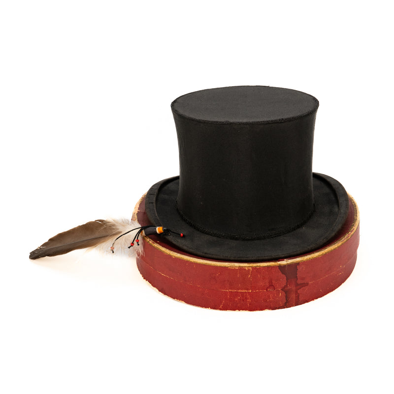 Vintage Christys England Collapsing Top Hat with Eagle Feather & Red Beads