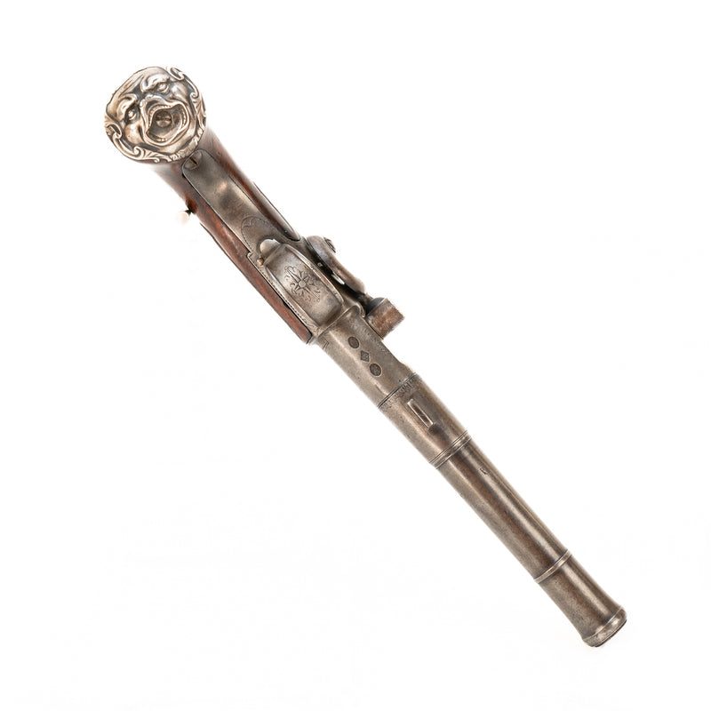 Early 18th Century Silver Mounted Benjamin Brooke Queen Anne Pistol with Case