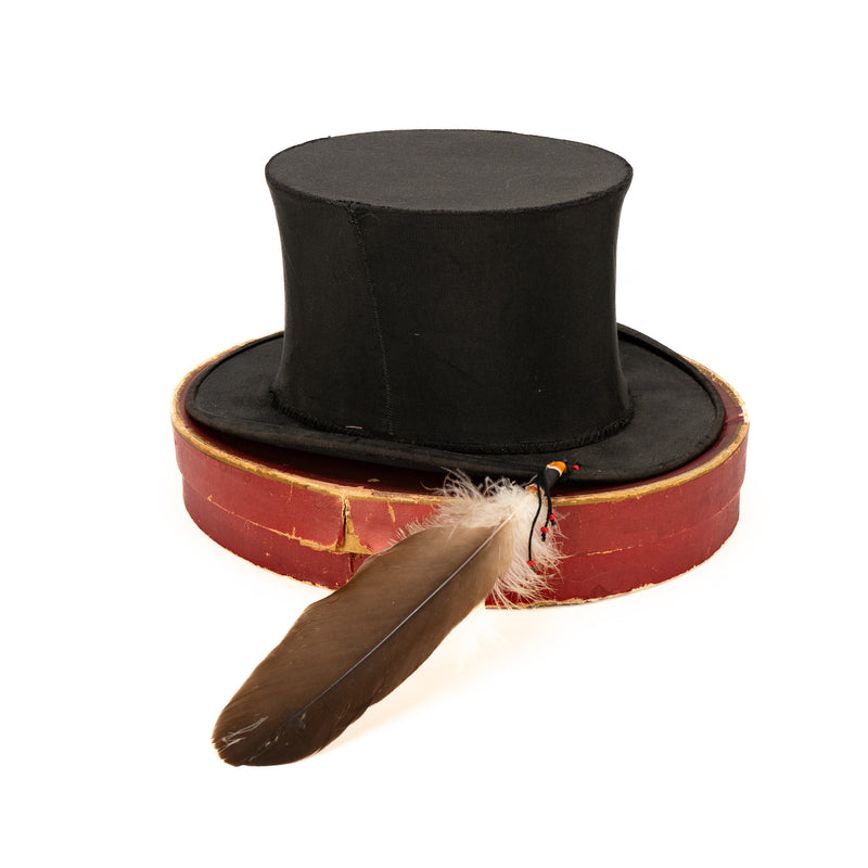 Vintage Christys England Collapsing Top Hat with Eagle Feather & Red Beads