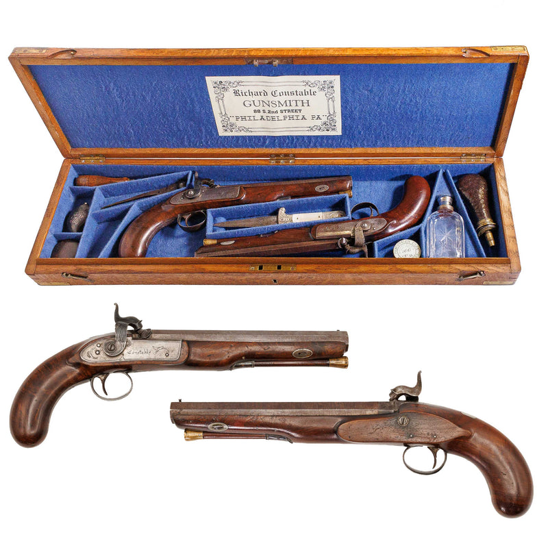 A Cased Set of Percussion Cap Dueling Pistols by Richard Constable, Philadelphia