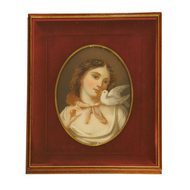 Reverse Painted on Glass Portrait of Woman with Dove