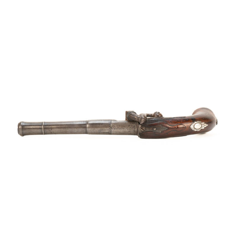 Early 18th Century Silver Mounted Benjamin Brooke Queen Anne Pistol with Case