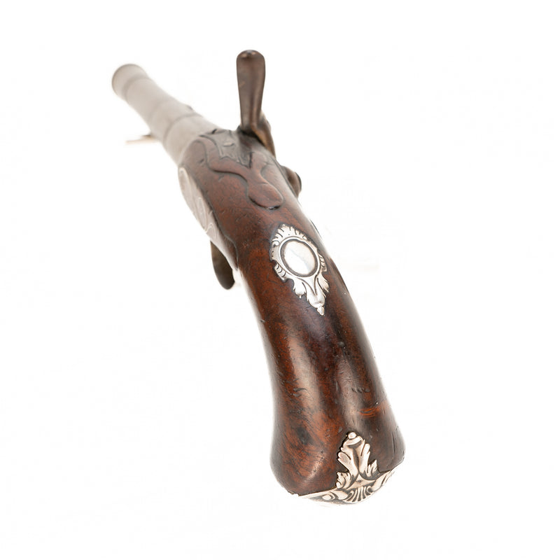 Early 18th Century Silver Mounted Benjamin Brooke Queen Anne Pistol with Case