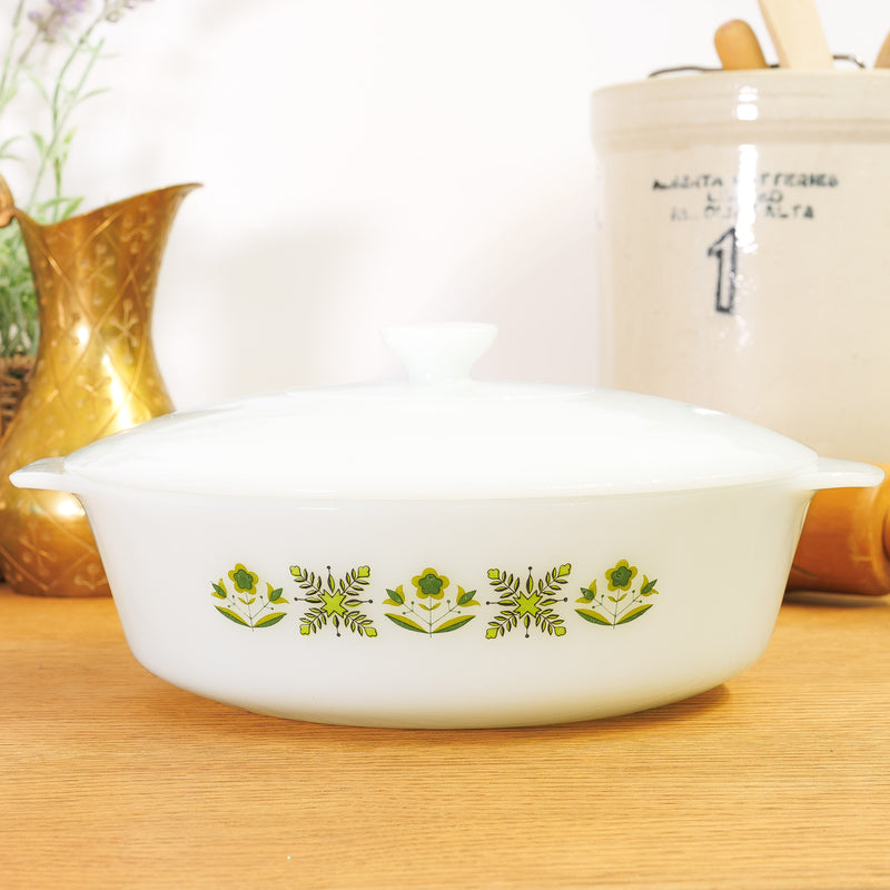 Fire King Meadow Green Casserole Dish with Lid