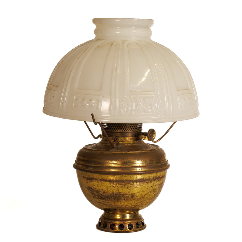 Brass Oil Lamp with Milk Glass Shade