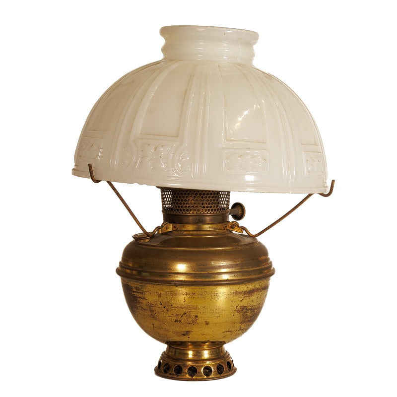 Brass Oil Lamp with Milk Glass Shade