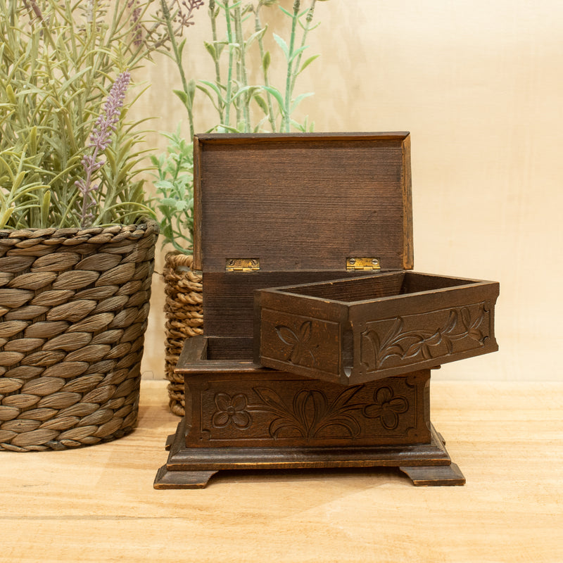 Black Forest Carved Wood Box with Lower Compartment