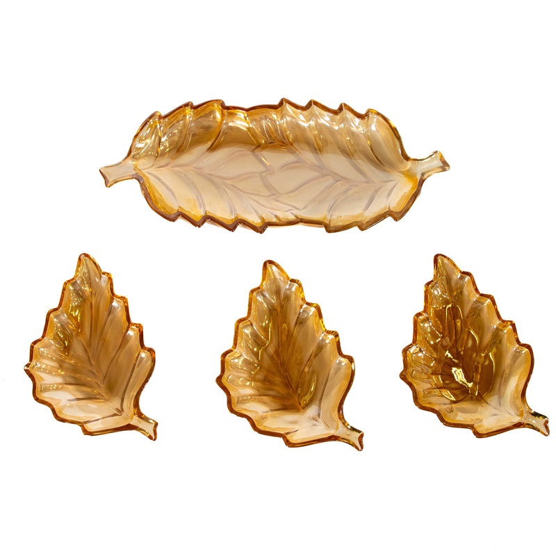 Set of 4 Marigold Carnival Glass Nesting Leaf Relish Dishes