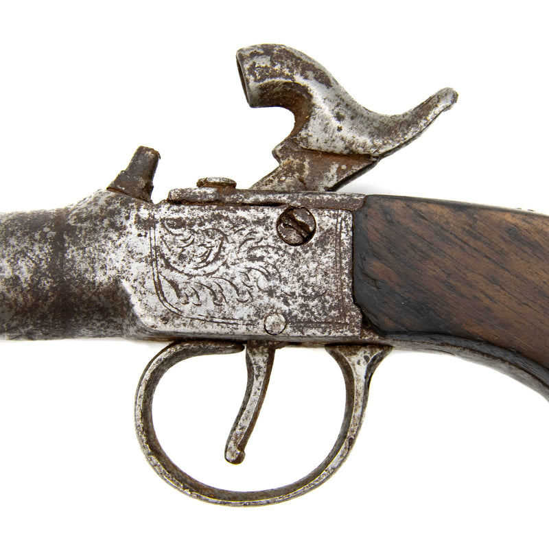 19th C. Percussion Pocket Pistol with Wood Stock & Floral Engraving