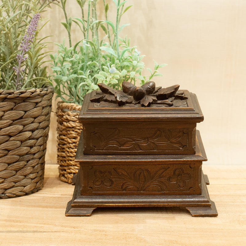 Black Forest Carved Wood Box with Lower Compartment