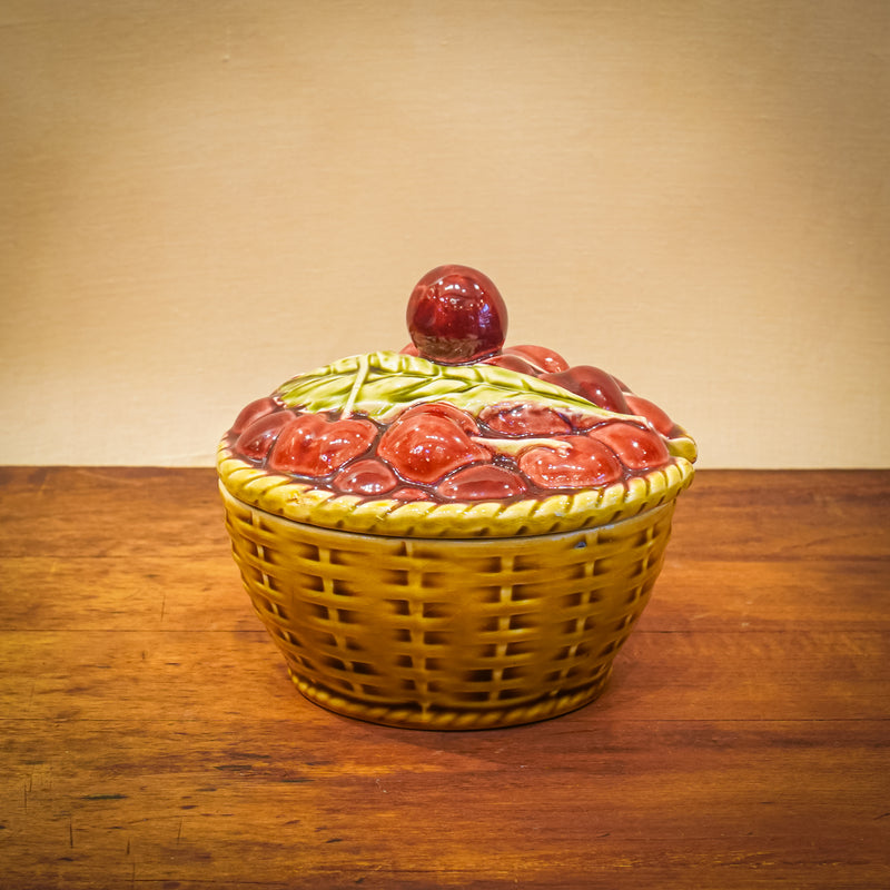 Sarreguemines France Majolica Basket of Cherries Jam Pot